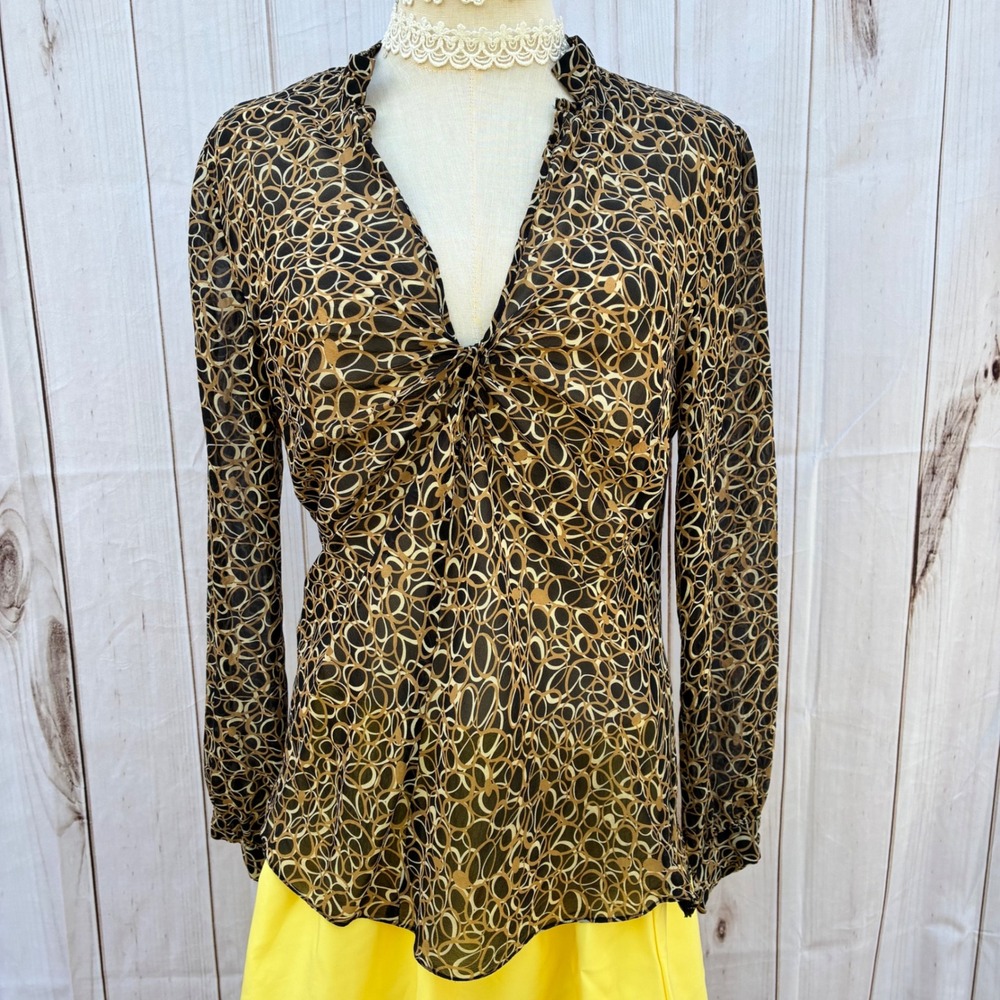 Sheer Geometric Circle Print Twist Front V-Neck Blouse Brown Tan Long Sleeve